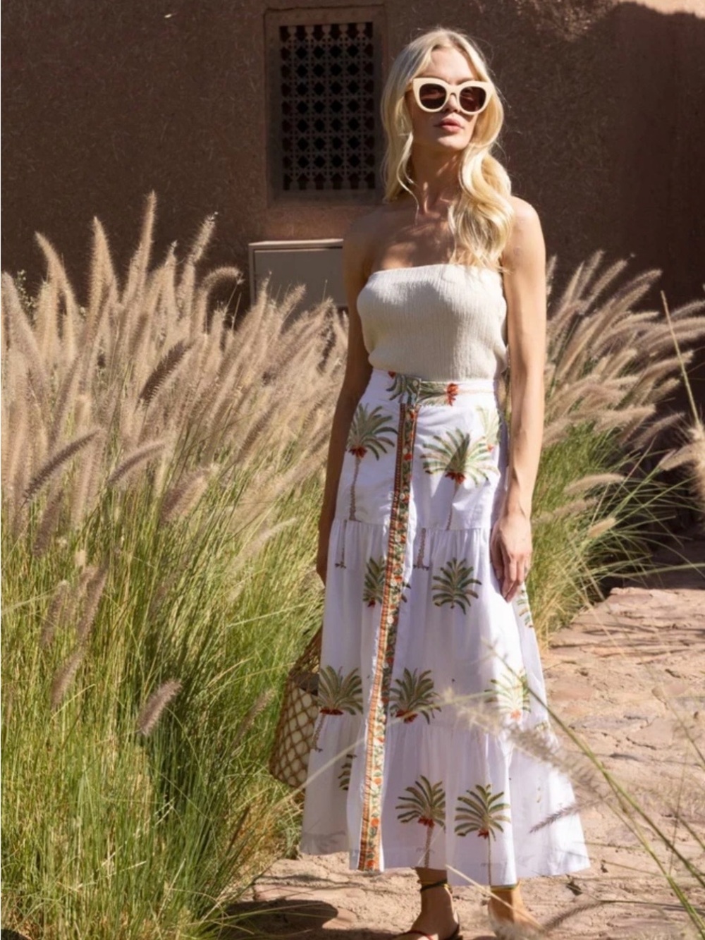 Oliphant White Maxi Skirt with Green Palm Print